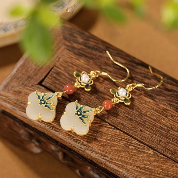 Natural Hetian Jade Chinese Vintage Lotus Enamel Porcelain Earrings - Picture 1 of 5